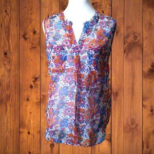 QMack Women's Small Floral Sheer Pullover Sleeveless Top Blouse Pockets